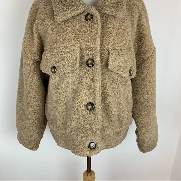 Zara Blogger Favorite Teddy Shearling Jacket Coat Tan Size M - Picture 5 of 12